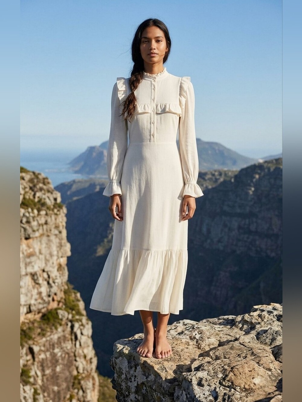 NWT Reformation Hallie in Cream Long Sleeve Ruffle Trim Midi Dress 4 $278